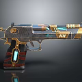 Futuristic Sci-Fi Pistol With Metallic Finish Gold Blue Accents And Glowing Elements