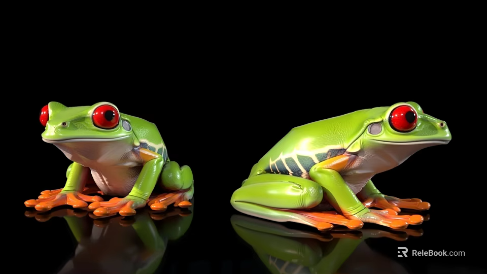 Green Tree Frogs With Red Eyes And Orange Feet On Black Background With Reflections 3d model 
