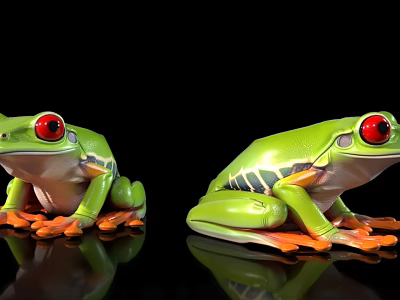 Green Tree Frogs With Red Eyes And Orange Feet On Black Background With Reflections 3d model
