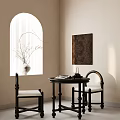 Minimalist Dining Table Set with Two Black Chairs White Cushions Arched Window and Wall Art