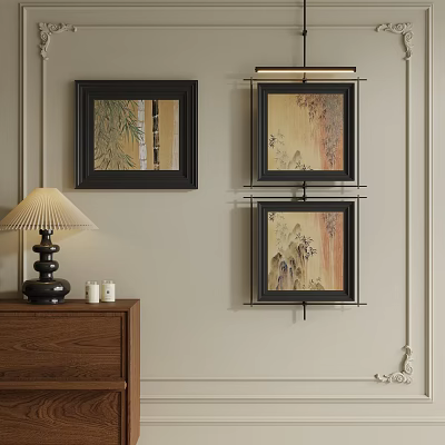 Abstract Paintings With Black Frames Hanging On Wall Near Wooden Cabinet With Lamp And Bottles 3d model