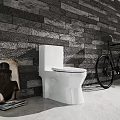 Modern Bathroom Interior Design With White Toilet Gray Stone Wall And Black Bicycle