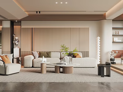 Elegant Modern Living Room Interior With Sofa Pillows Coffee Tables And Green Plants 3d model