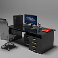 Black Office Desk And Chair Set With Computer Monitor CPU And Modern Design