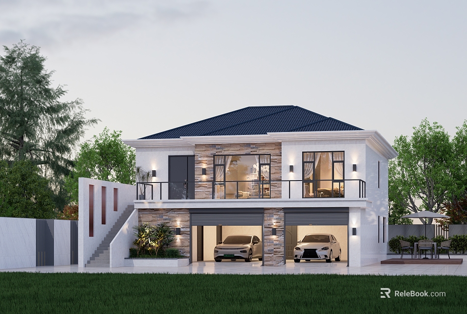 Detached Villa Exterior Design With Two Car Garage Lawn Trees And Balcony 3d model 