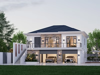 Detached Villa Exterior Design With Two Car Garage Lawn Trees And Balcony 3d model