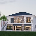 Detached Villa Exterior Design With Two Car Garage Lawn Trees And Balcony