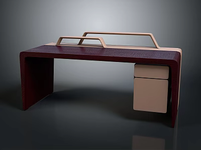 Modern Wooden Desk With Dark Red Tabletop Light Wood Frame And Drawer 3d model