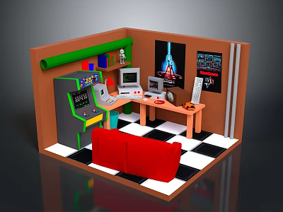 Vintage Computer Setup With Computer Desk Red Sofa Posters Bookshelf And Gaming Elements 3d model