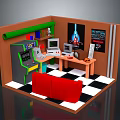 Vintage Computer Setup With Computer Desk Red Sofa Posters Bookshelf And Gaming Elements