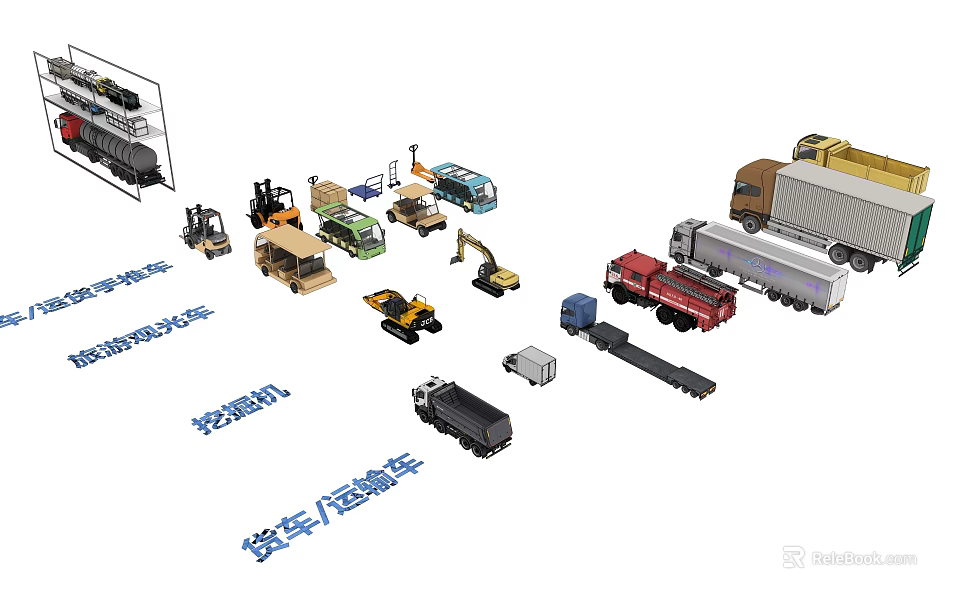Various Types of Utility Vehicles Including Cargo Trucks Transport Trailers and Excavators 3d model 