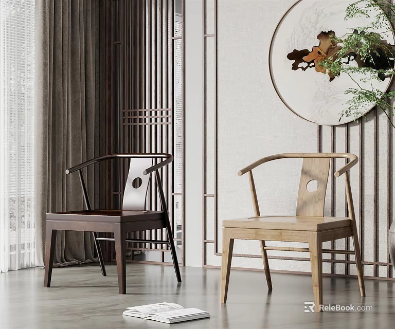 Chinese Style Dining Chairs In Dark And Light Wood With Circular Painting And Wooden Lattice 3d model 