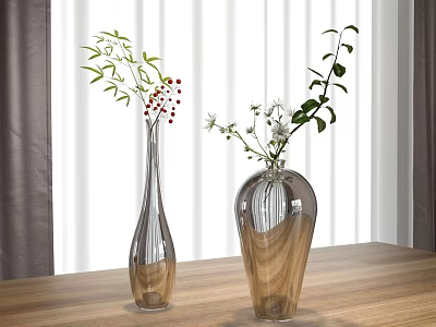 Transparent Glass Vases with Green Leaves Red Berries and White Flowers on Wooden Table 3d model