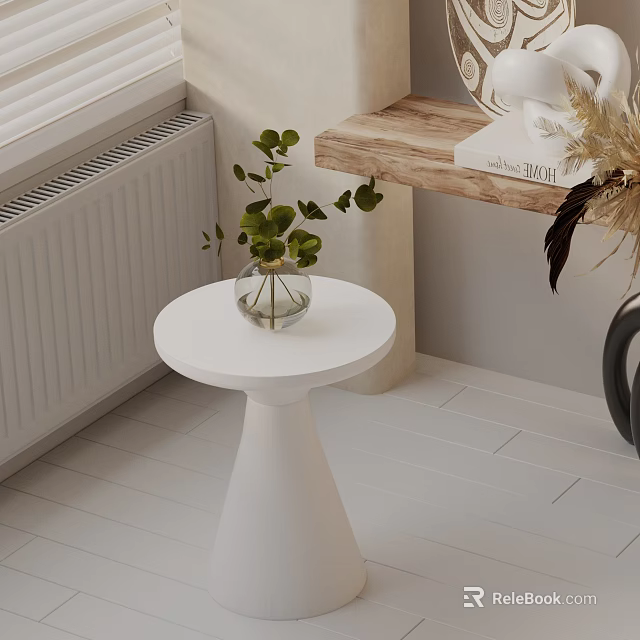 White Round Side Table With Vase And Green Plants In Modern Interior 3d model 