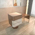 Modern Wooden Dressing Table Interior With Drawers And Floor Lamp Near Window Wall Art