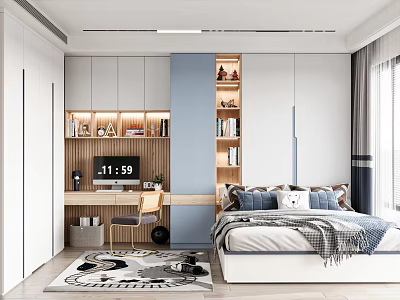 Modern Kids Room Interior Design With Bed Desk Bookshelves Cabinets And Rug 3d model
