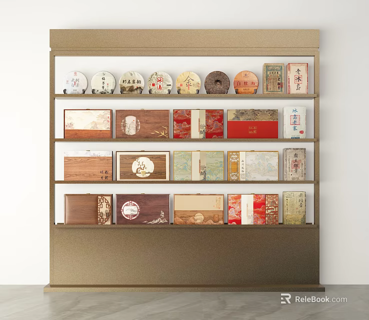 Traditional Tea Sets with Various Decorative Packages on Multi Tiered Display Shelf 3d model