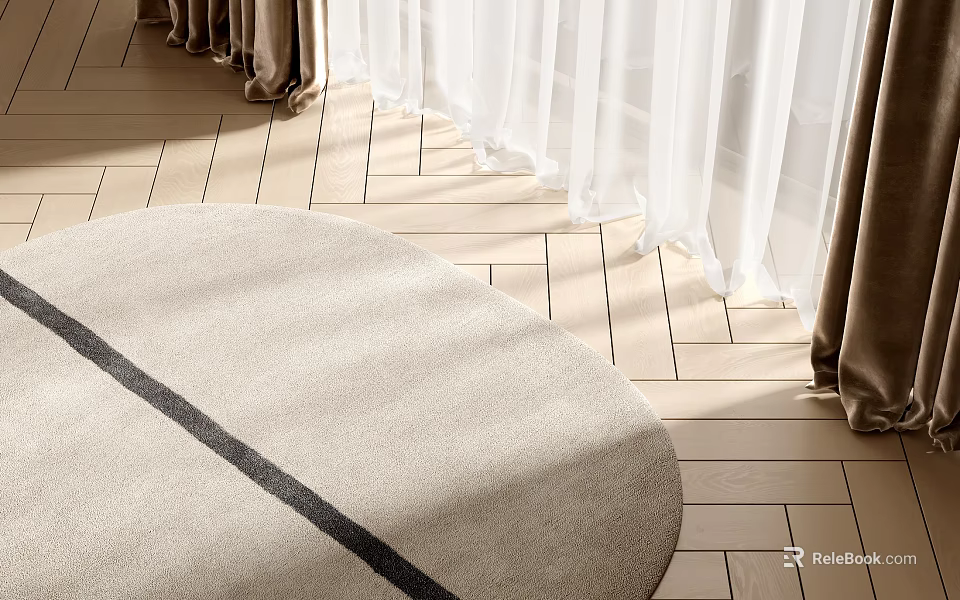 Stylish Round Shaped Rug With Black Stripe On Herringbone Wood Flooring And White Beige Curtains 3d model 