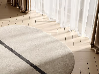 Stylish Round Shaped Rug With Black Stripe On Herringbone Wood Flooring And White Beige Curtains 3d model