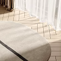 Stylish Round Shaped Rug With Black Stripe On Herringbone Wood Flooring And White Beige Curtains