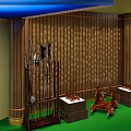 Traditional Cultural Center Exhibition Displaying Ancient Weapons With Wooden Racks And Carved Walls