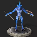 Mythical Blue Lizard Creature With Spear Standing On Round Stone Platform 3d model