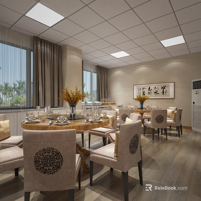 Elegant Private Dining Room With Round Table Patterned Chairs Tableware Flower Vase And Calligraphy Decor 3d model