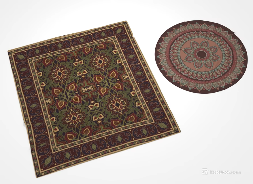 Decorative Square Rug With Intricate Floral Pattern And Matching Round Rug Design For Home Decor 3d model 