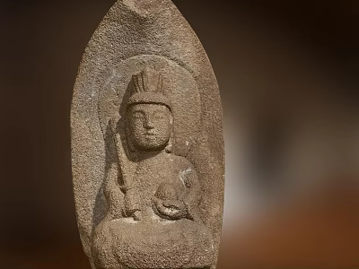 Ancient Stone Buddha Sculpture Carved With Headdress Sitting Posture And Handheld Object 3d model