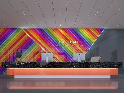 Front Desk Backdrop With Rainbow Stripes And Orange Reception Counter For Design Office 3d model