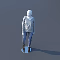 White Mannequin Standing Wearing Gray Top Blue Jeans And Black Boots Against Gray Background