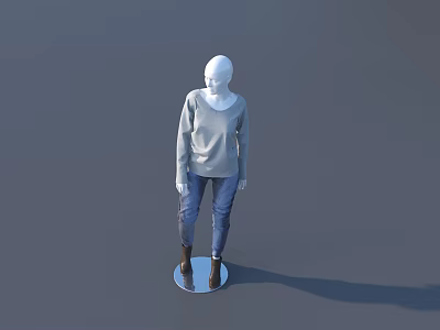 White Mannequin Standing Wearing Gray Top Blue Jeans And Black Boots Against Gray Background 3d model