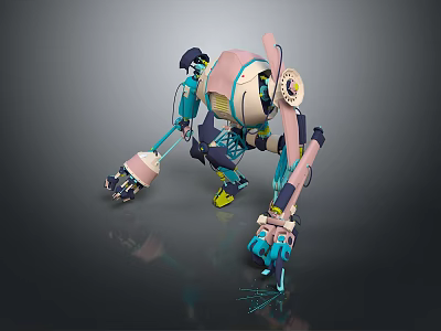 Robot Character Featuring Mechanical Design With Pink Blue Yellow Components And Articulated Limbs 3d model