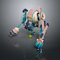 Robot Character Featuring Mechanical Design With Pink Blue Yellow Components And Articulated Limbs