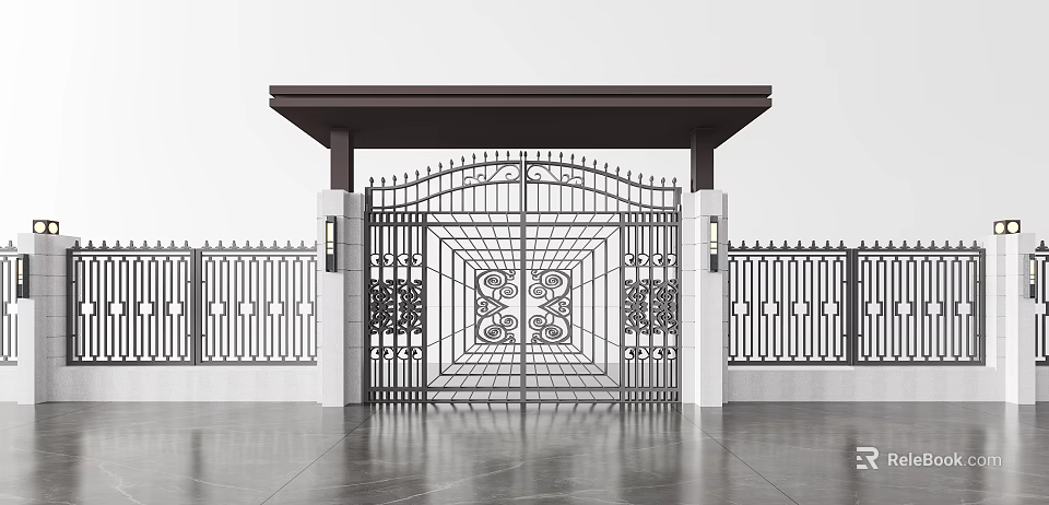 Ornate Wrought Iron Entrance Gate With Canopy Top Stone Pillars And Decorative Fence 3d model 