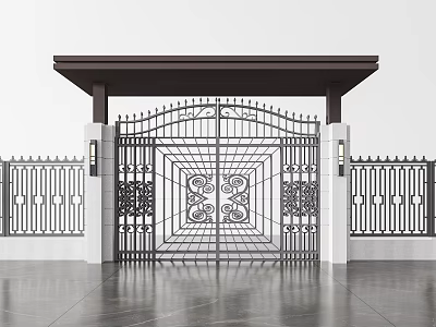 Ornate Wrought Iron Entrance Gate With Canopy Top Stone Pillars And Decorative Fence 3d model