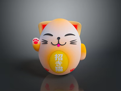 Yellow Smiling Lucky Cat Decorative Household Accessory With Round Shape And Paw Details 3d model