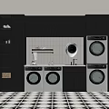 Modern Laundry Room With White Washing Machines Black Cabinets And Tiled Floor
