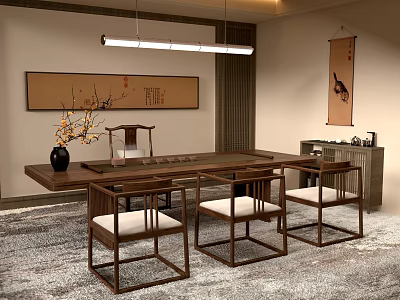 Traditional Wooden Tea Table With Matching Chairs And Elegant Decor Elements 3d model