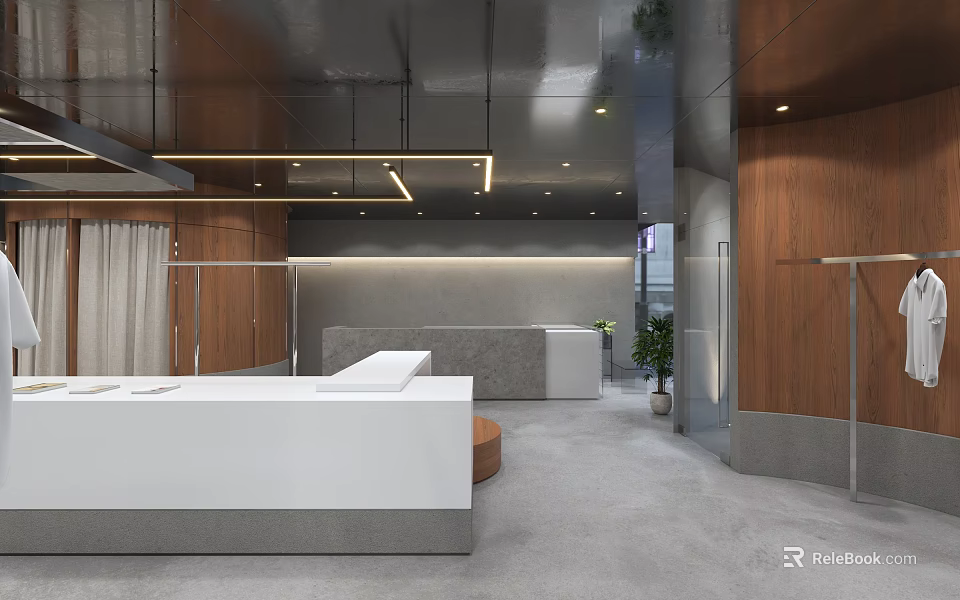 Modern Clothing Store Interior With Wooden Racks And White Counter Design 3d model 
