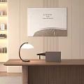 Modern Wooden Desk with Laptop Lamp and Potted Plant in Room with Window and Chair