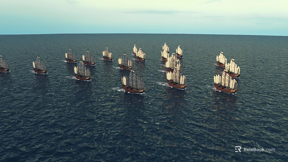 Traditional Sailing Ships Sailing On Vast Open Ocean With White Sails 3d model 