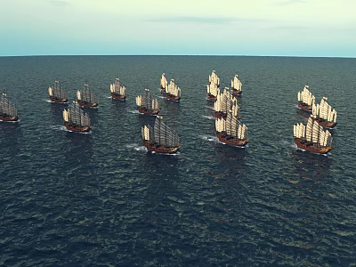 Traditional Sailing Ships Sailing On Vast Open Ocean With White Sails 3d model