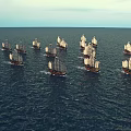 Traditional Sailing Ships Sailing On Vast Open Ocean With White Sails