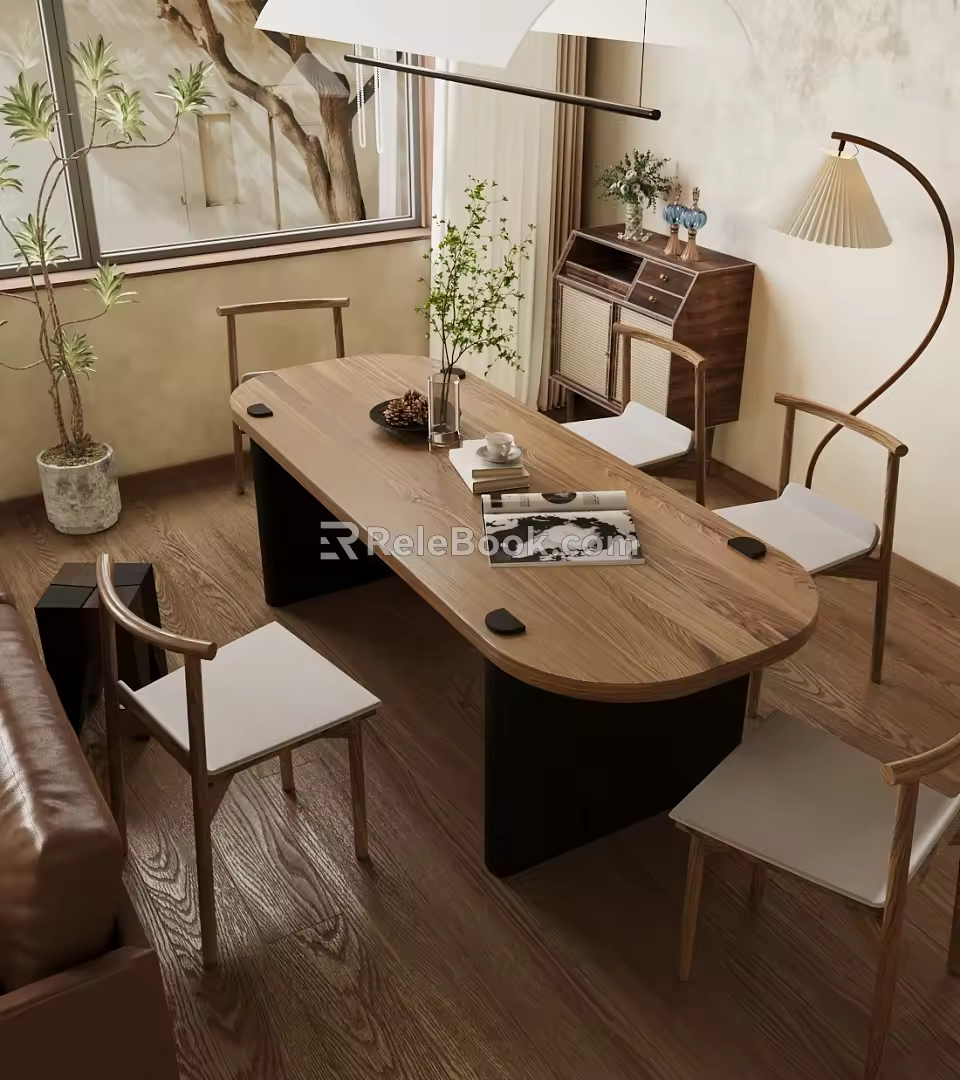 Quiet Style Dining Table and Chair Combination Oval Dining Table for Six 3d model