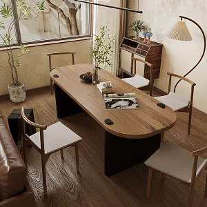 Quiet Style Dining Table and Chair Combination Oval Dining Table for Six 3d model
