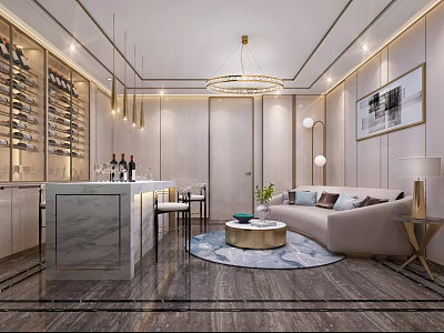 Modern Bar Area With Marble Countertop Wine Storage Bar Stools And Elegant Interior Design 3d model
