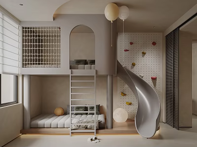 Kids Room Interior Design With Bunk Bed Slide Climbing Wall Ladder Soft Mattress And Window 3d model