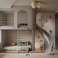Kids Room Interior Design With Bunk Bed Slide Climbing Wall Ladder Soft Mattress And Window