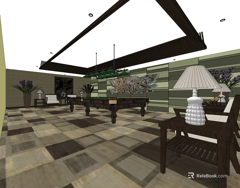 Elegant Billiard Room Interior With Pool Table Chandeliers Patterned Floor And Seating Area 3d model